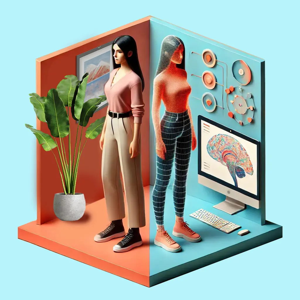 3D-style hero image of ‘Digital Twins: AI Agents That Think Like Your Target Audience,' featuring two women—one real, one digital.