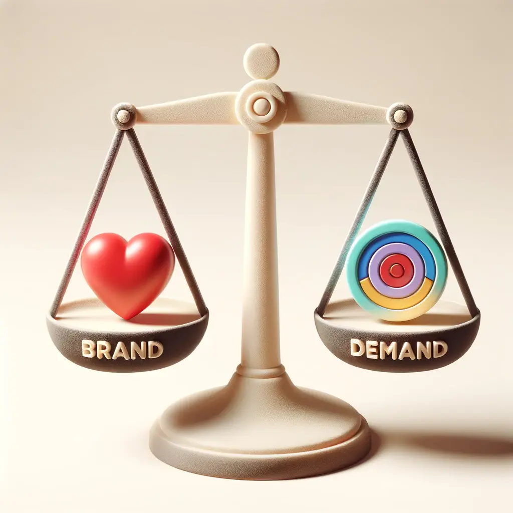 A balancing scale: "Brand" side holds a heart, for connection; "Demand" side features a multicolored target, for goals.