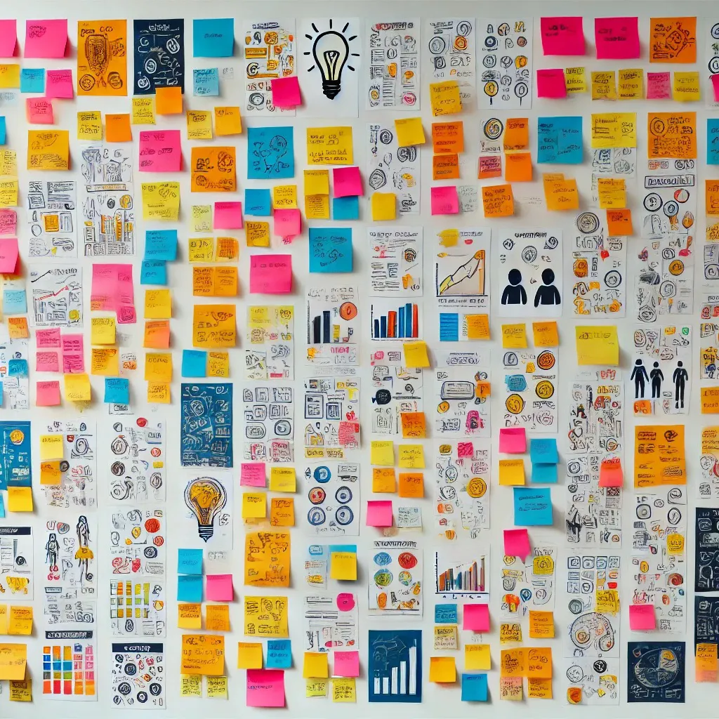 Multicolored Post-its and papers with various symbols, numbers and charts arranged non-linearly