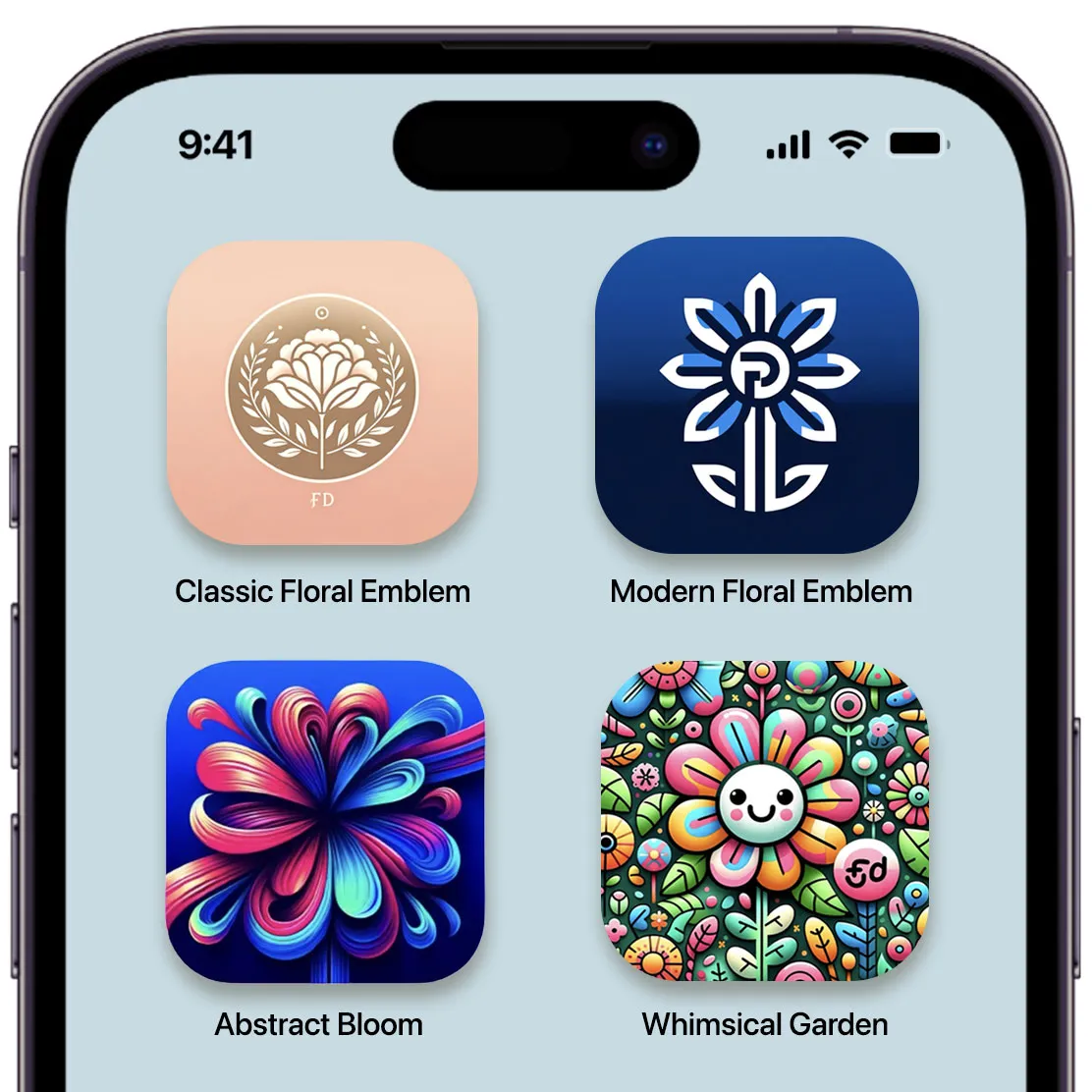  A graphical user interface of a mobile application displaying various floral emblems and abstract blooms gerated by AI.